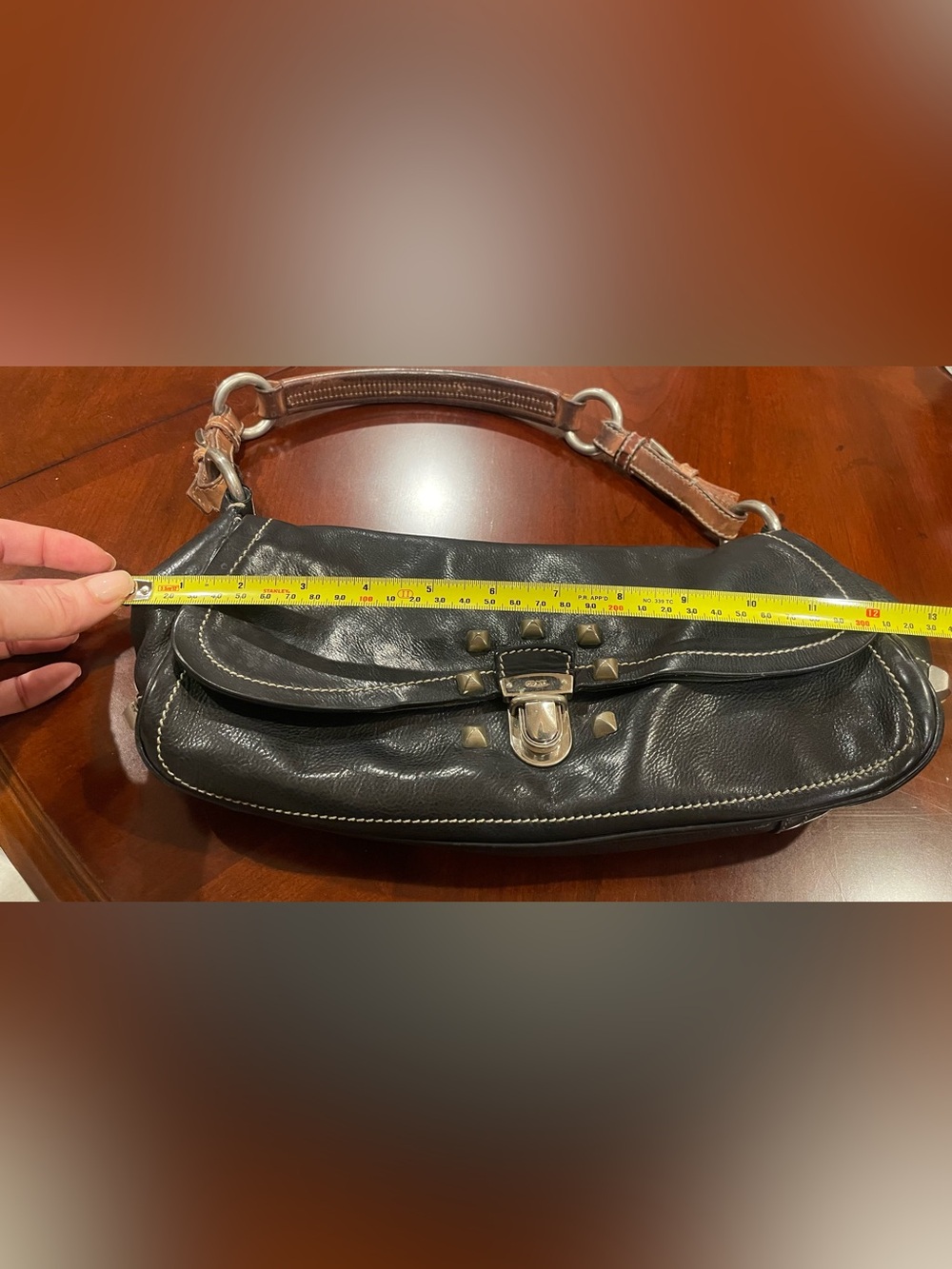 Prada Black Leather Shoulder Bag with Brown Strap and Stud Accents - Picture 7 of 7